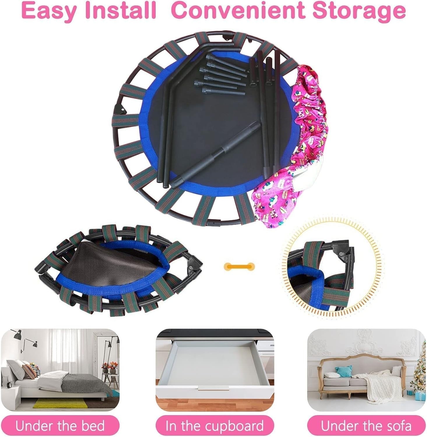 36'' Kids Mini Trampoline Quiet Foldable Adjustable Handle Safety Pad