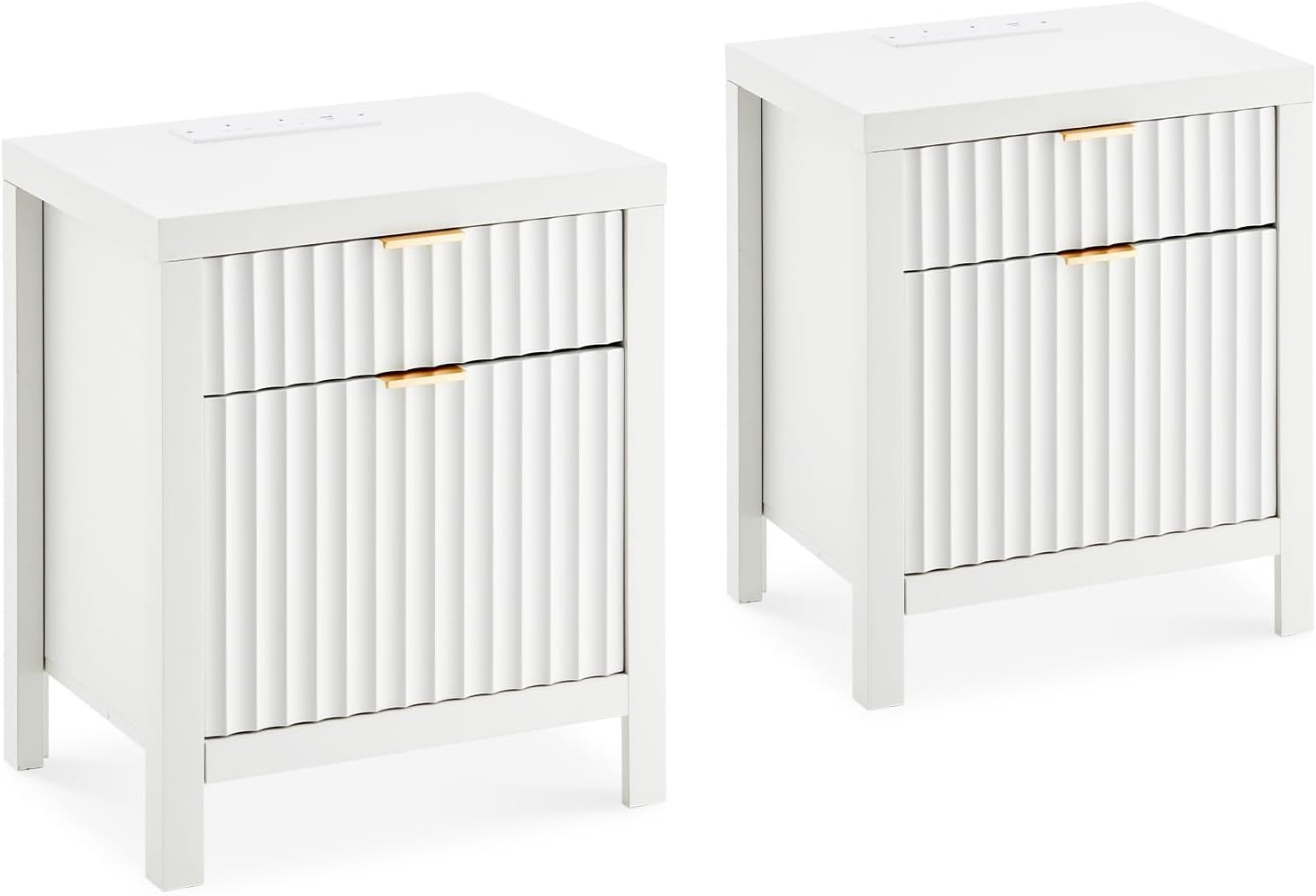 Set of 2 Modern White Bedside Tables with USB Charging Ports, 2 Drawers 60x50cm