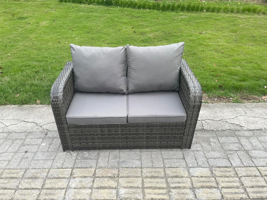 Compact Rattan Loveseat Garden Sofa Cushioned Outdoor Patio Seating