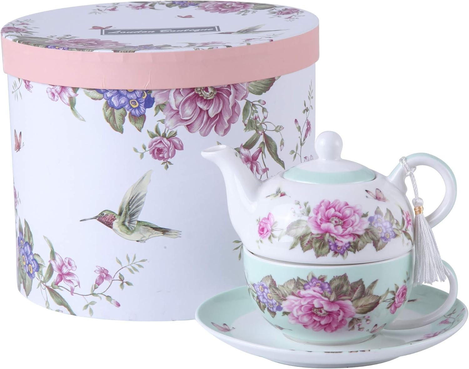 Tea For One Teapot Cup Saucer Set Teal Floral Bird Rose Gift Box