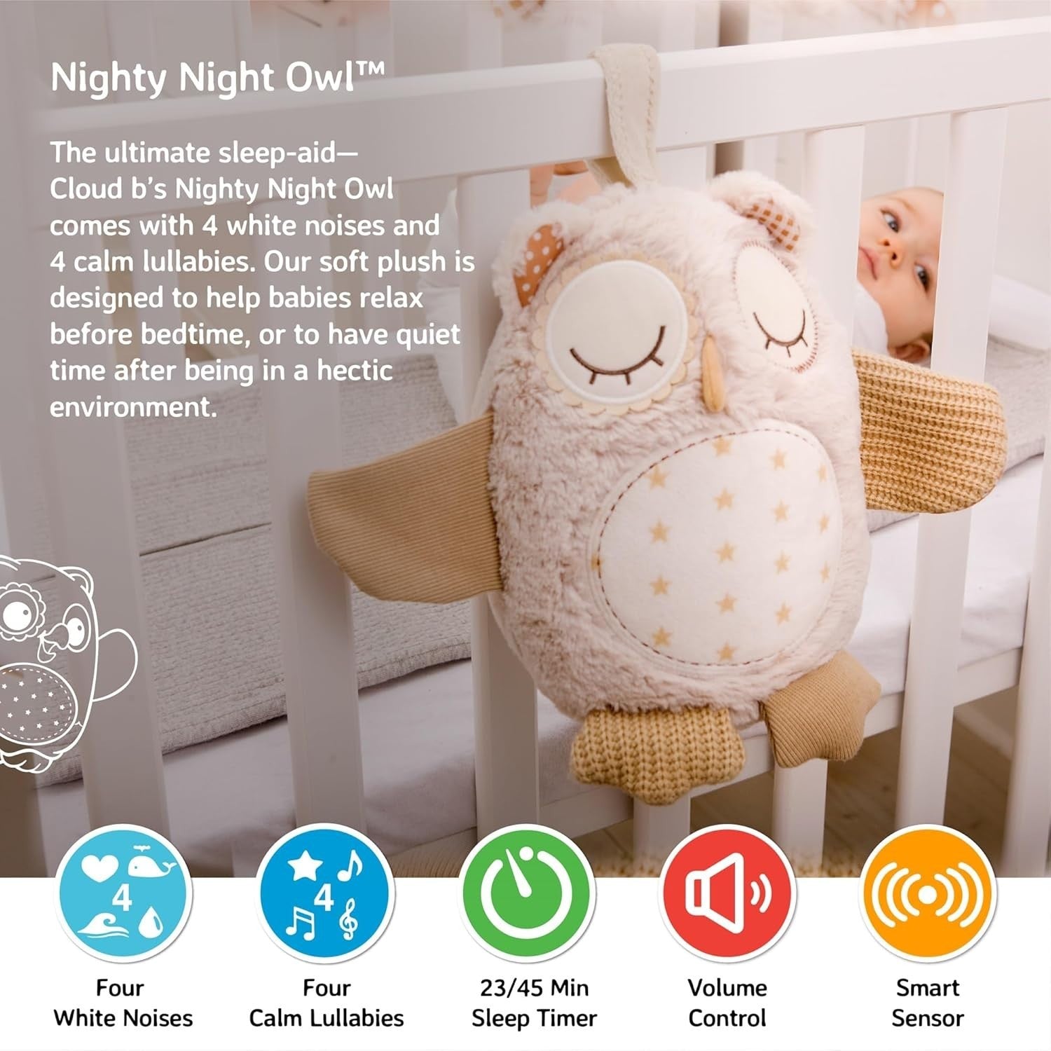 Nighty Night Owl Plush White Noise Baby Sleep Aid Cuddly Toy