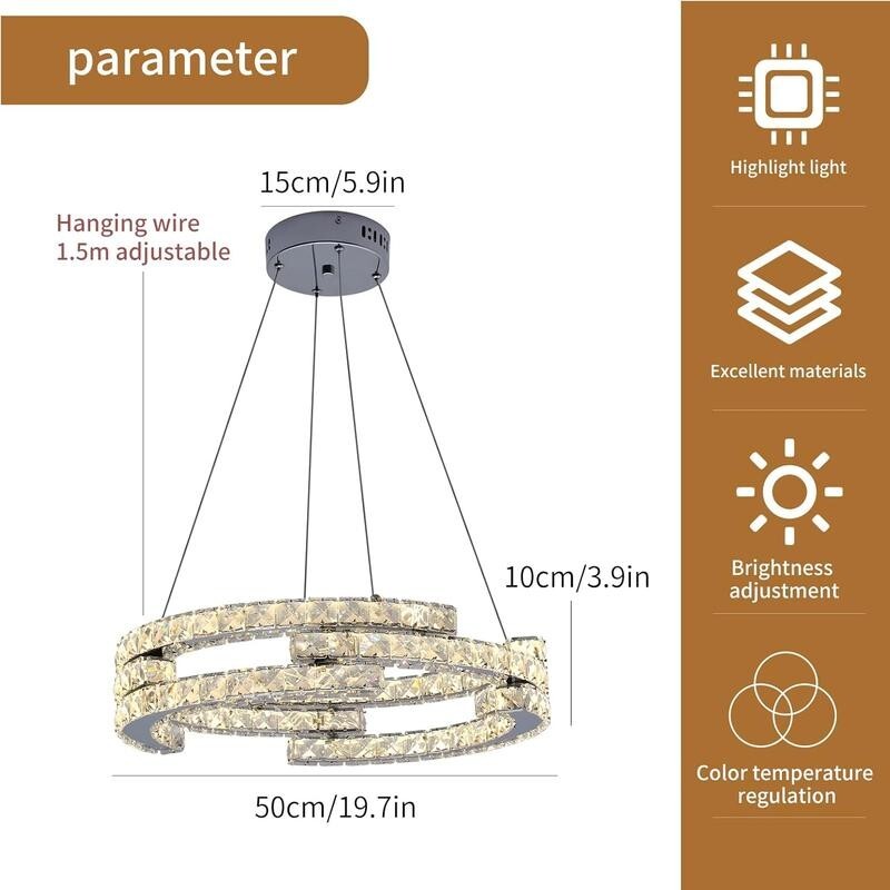 Modern LED Crystal Chandelier 3 Ring Pendant Light Dimmable 48W