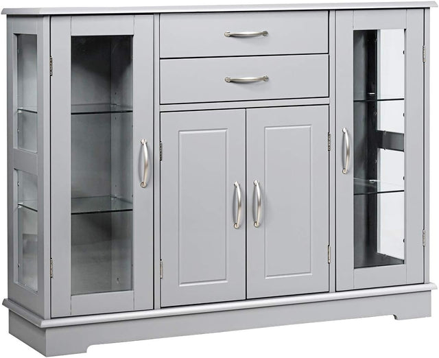 Grey Sideboard Buffet Cabinet Glass Doors Storage Unit with Drawers