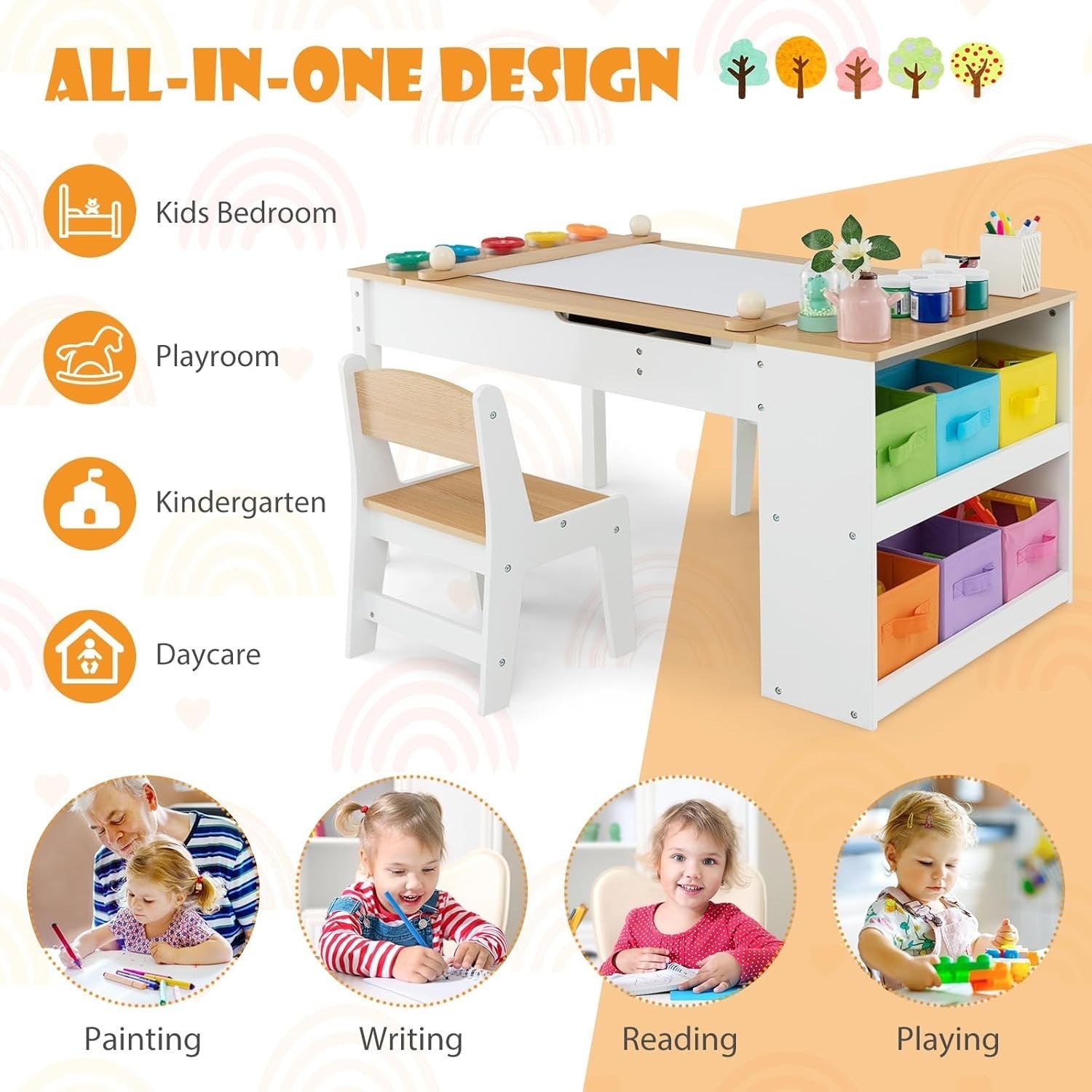 Kids Art Table & Chairs Set with Storage, Paper Roller & Cups – 109cm