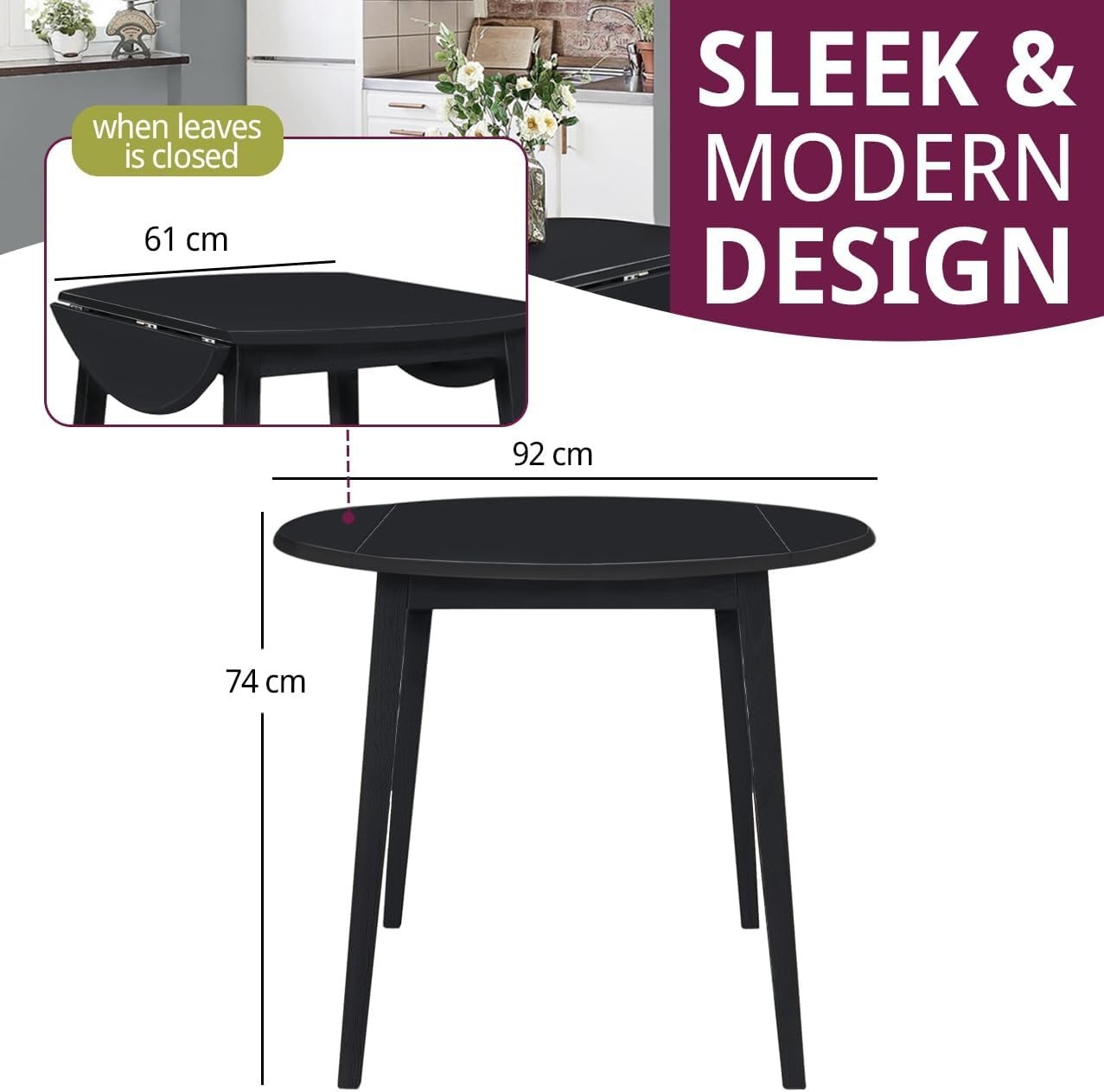 Round Drop Leaf Dining Table Small Folding Space Saving Kitchen Table Black
