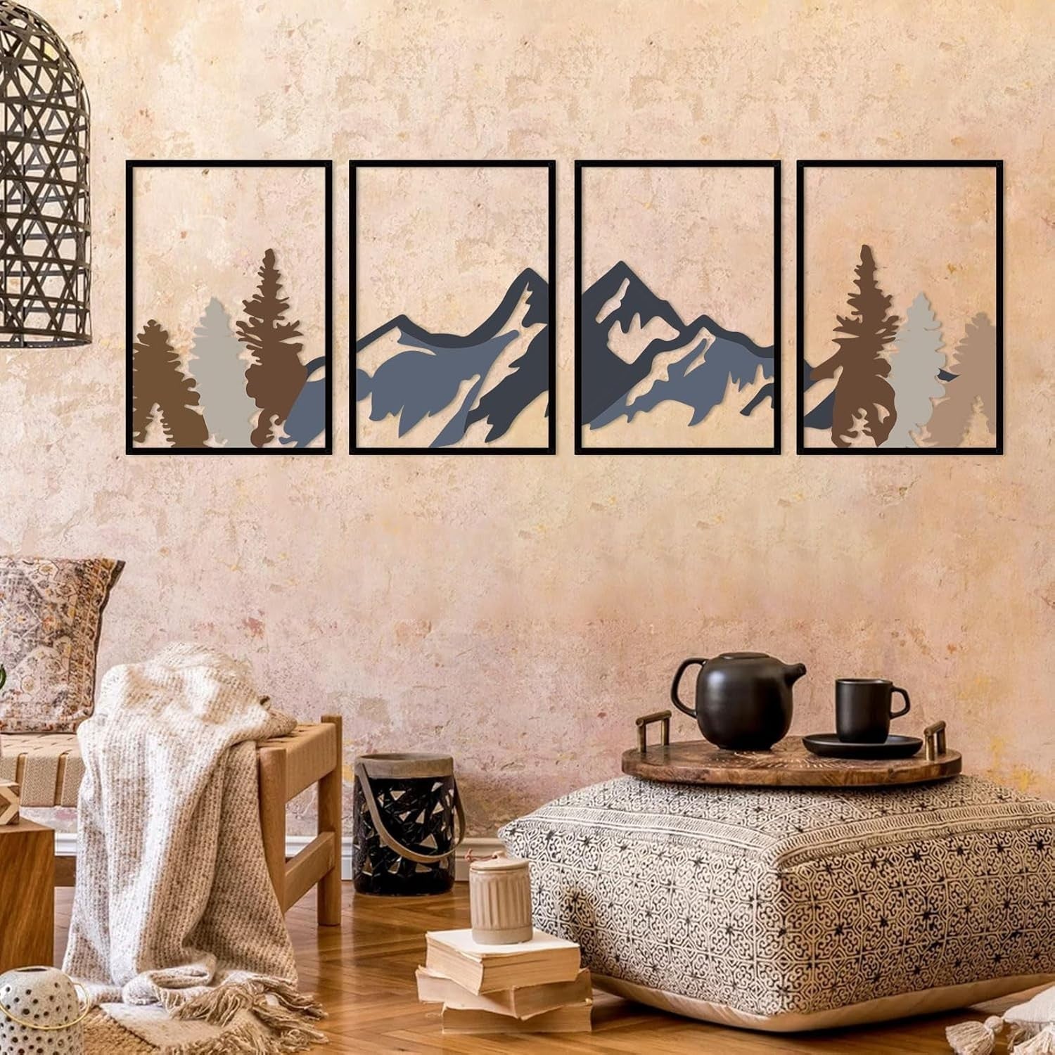 4Pc Metal Mountain Forest Wall Art Rustic Nature Decor Black