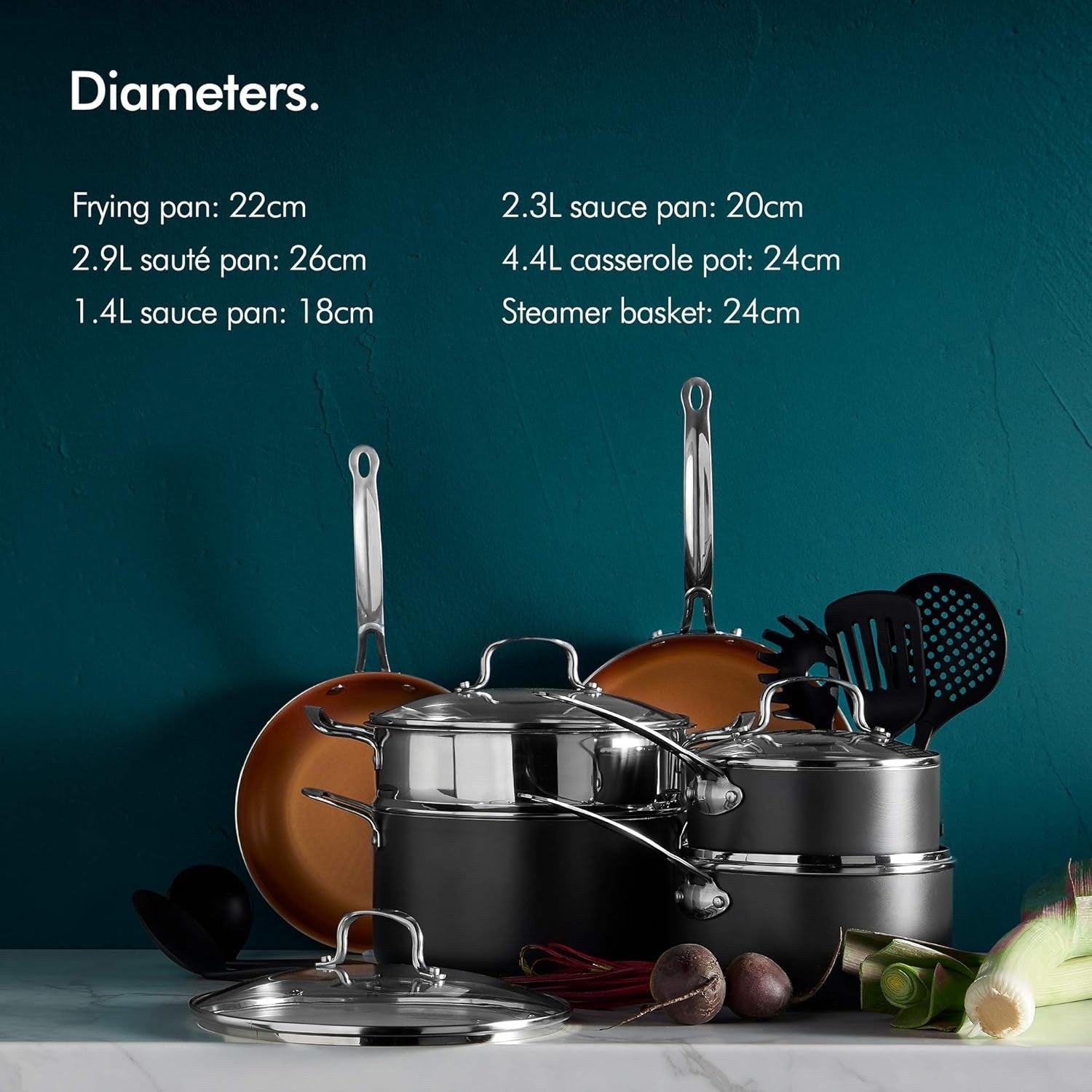 11Pcs Black Non-Stick Saucepan and Frying Pan Set with Glass Lids & Utensils