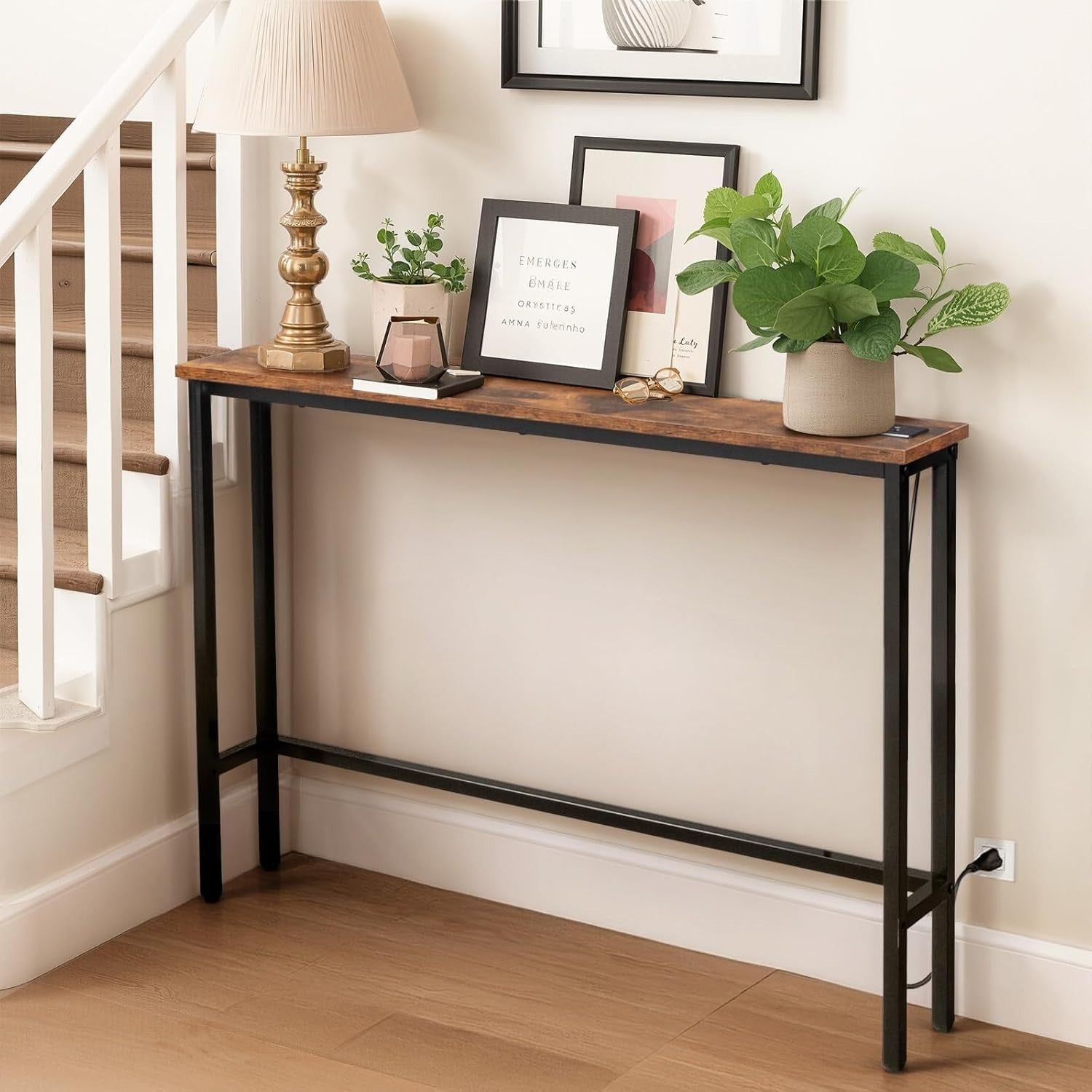 Slim Console Table with Power Outlets & USB, Space-Saving Hallway Desk, 15x100x7