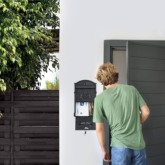 Vintage Wall Mounted Letterbox Black Steel Lockable Mailbox Secure & Stylish