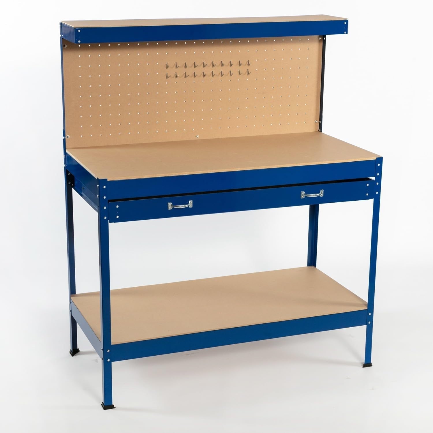 Blue Steel Garage Workbench Tool Station w/ Drawer Pegboard Shelf DIY Bench