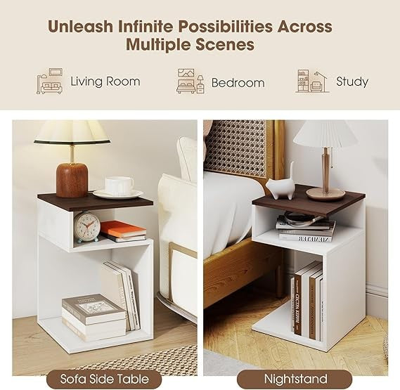 COSTWAY S-Shaped End Table, Narrow Sofa Side Table with 2 Open Storage Shelves,