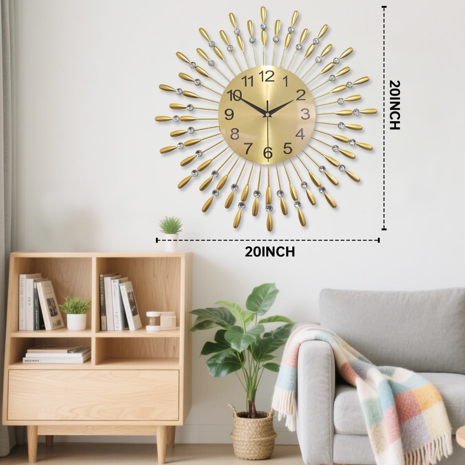50cm Large Gold Wall Clock – Silent Quartz Modern Sunburst Decorative Design