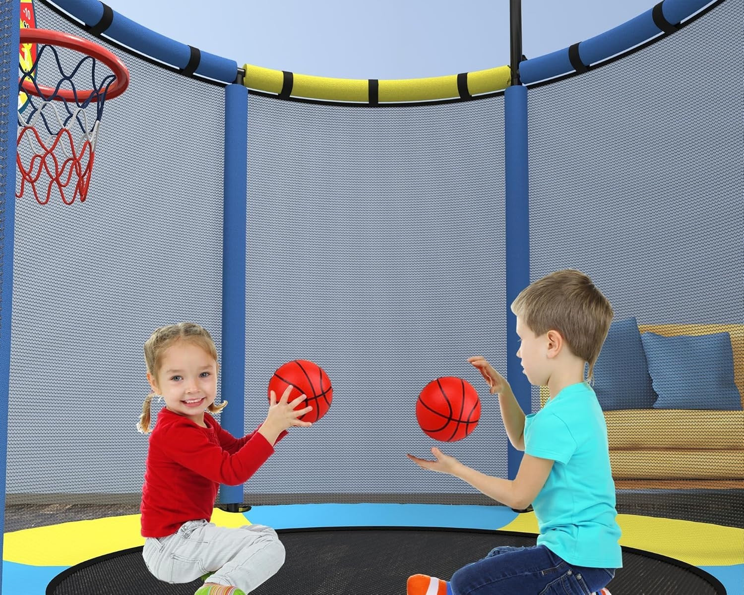 1.6M Kids Trampoline Indoor Outdoor Playset Basketball Rings Pull Bar