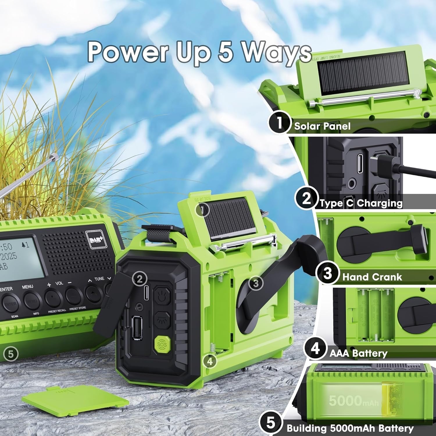 Wind Up Solar Radio DAB, FM 5000mAh Power Bank Flashlight SoS