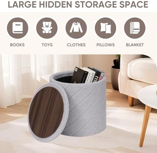 Grey Round Storage Ottoman Footstool 3-in-1 Seat with Lid 43x43x45cm
