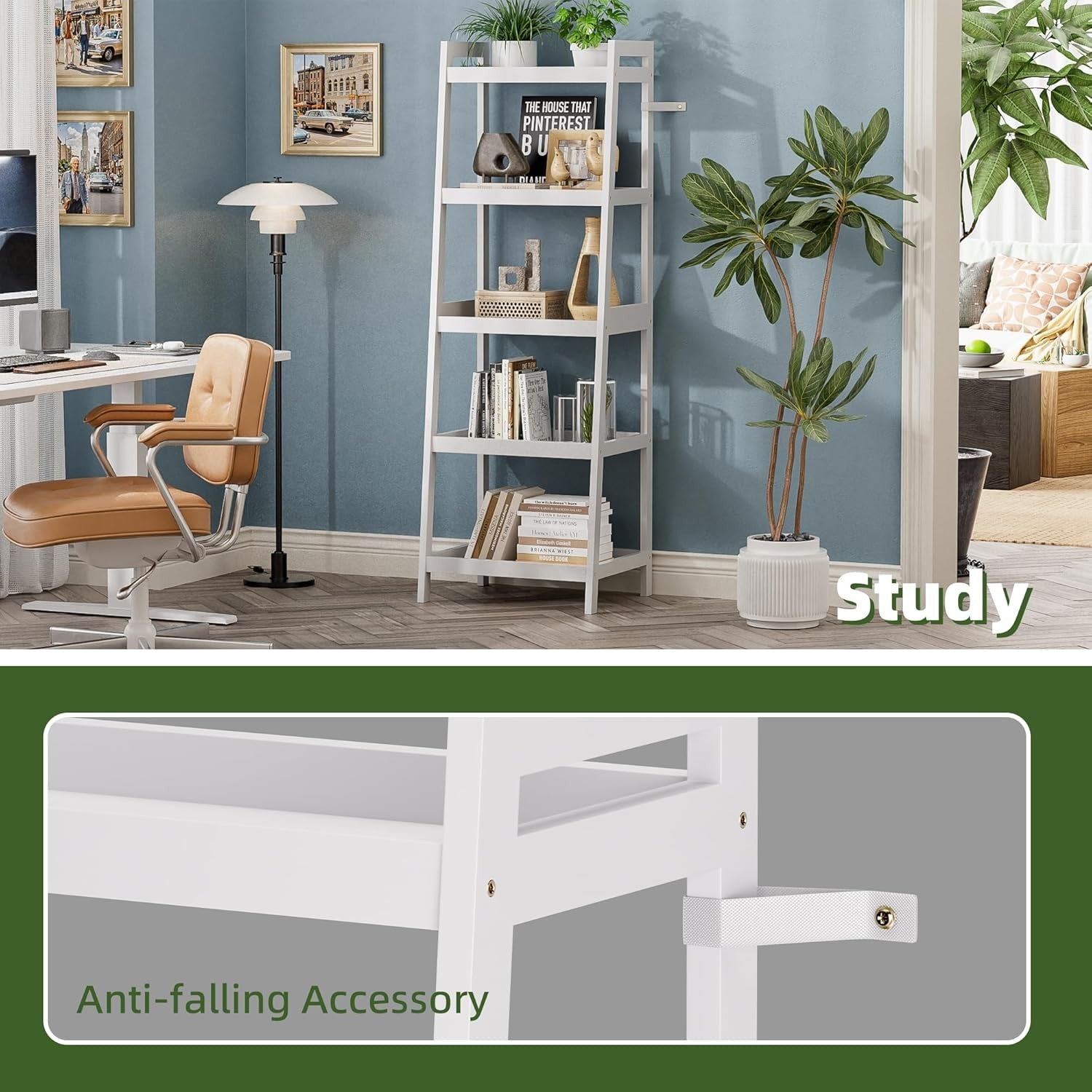 White 5-Tier Ladder Bookcase, Tall Narrow Bamboo Frame Display Storage Shelf
