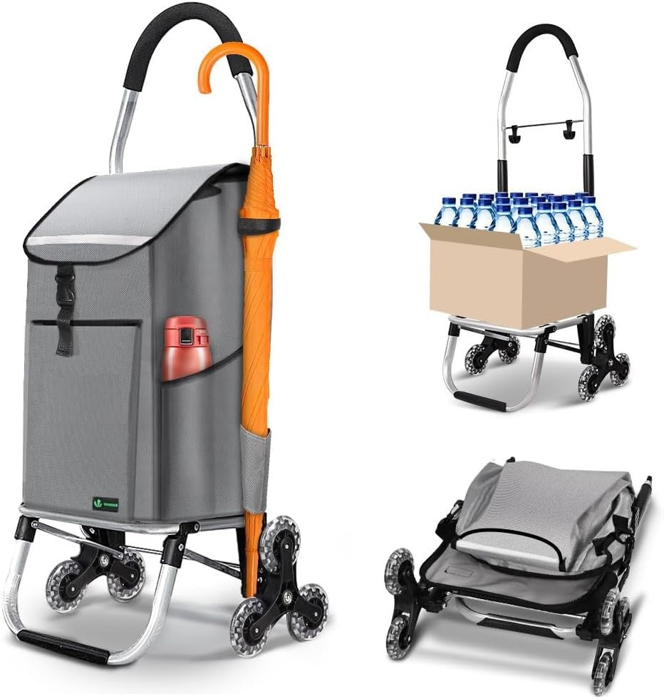 58L Folding 6-Wheel Shopping Trolley Grey Stair Climbing Cart