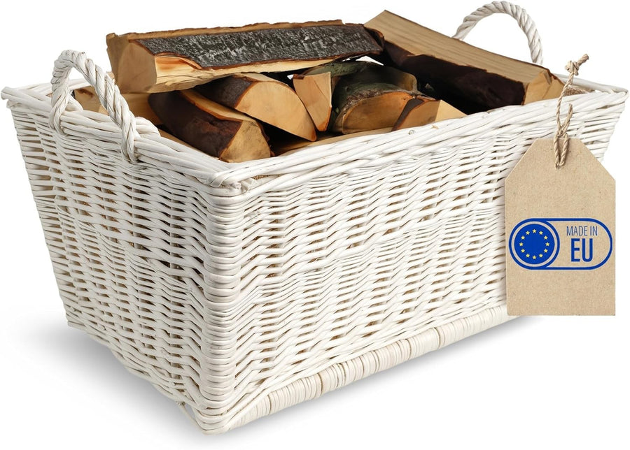 White Wicker Log Basket with Liner | Firewood Storage 47x33x30cm