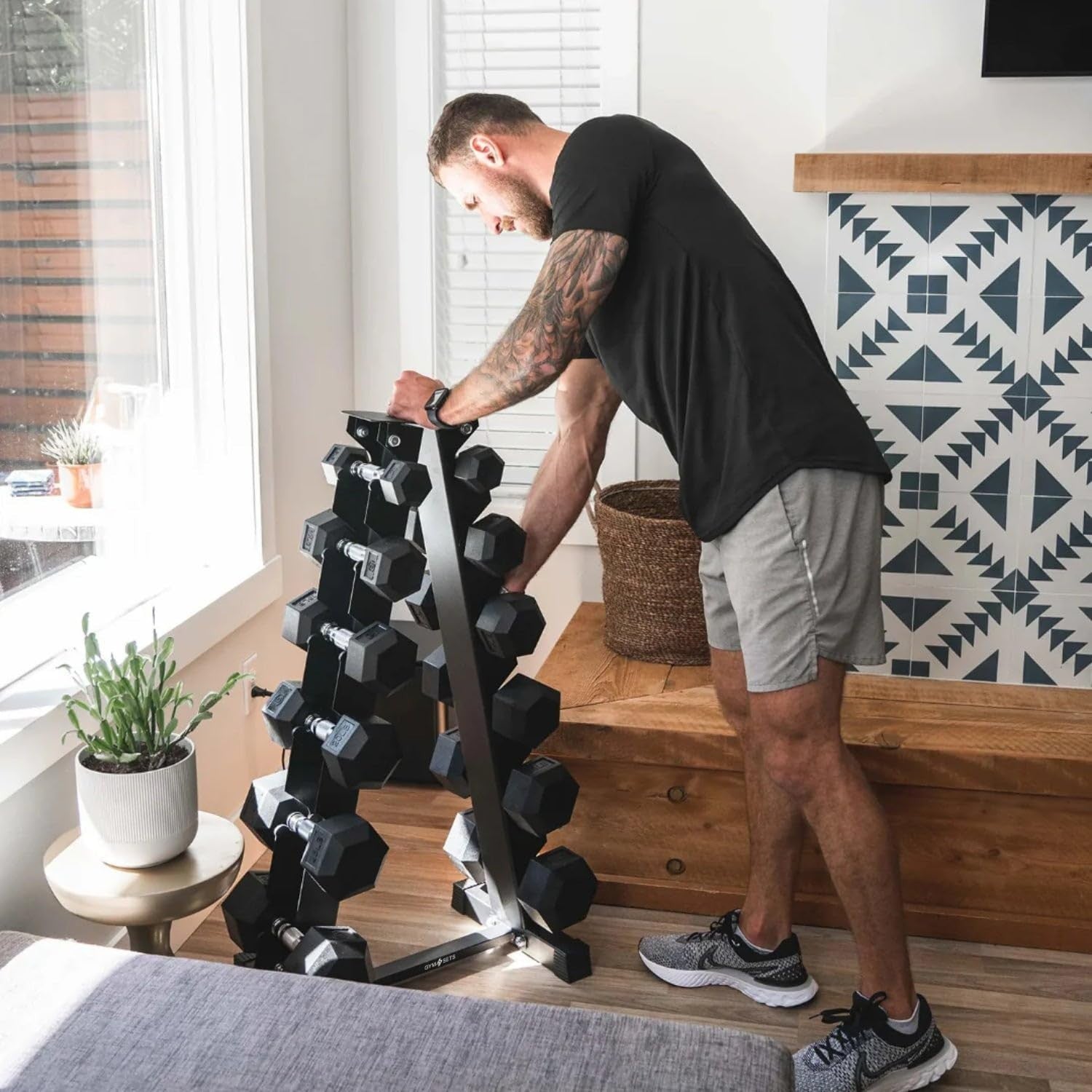 6 Tier Hex Dumbbell Rack Set 120kg With Vertical Storage Stand