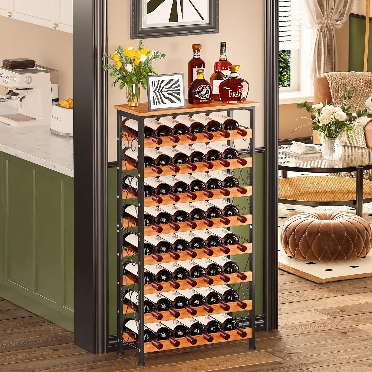 48 Bottle Wine Rack Floor Standing with Wood Top Shelf Rustic 8-Tier Storage