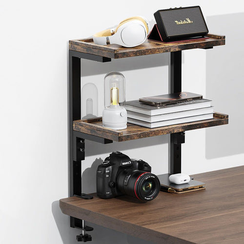 Clamp-On Desk Shelf 2-Tier Adjustable Wood Desktop Organizer Storage Rack