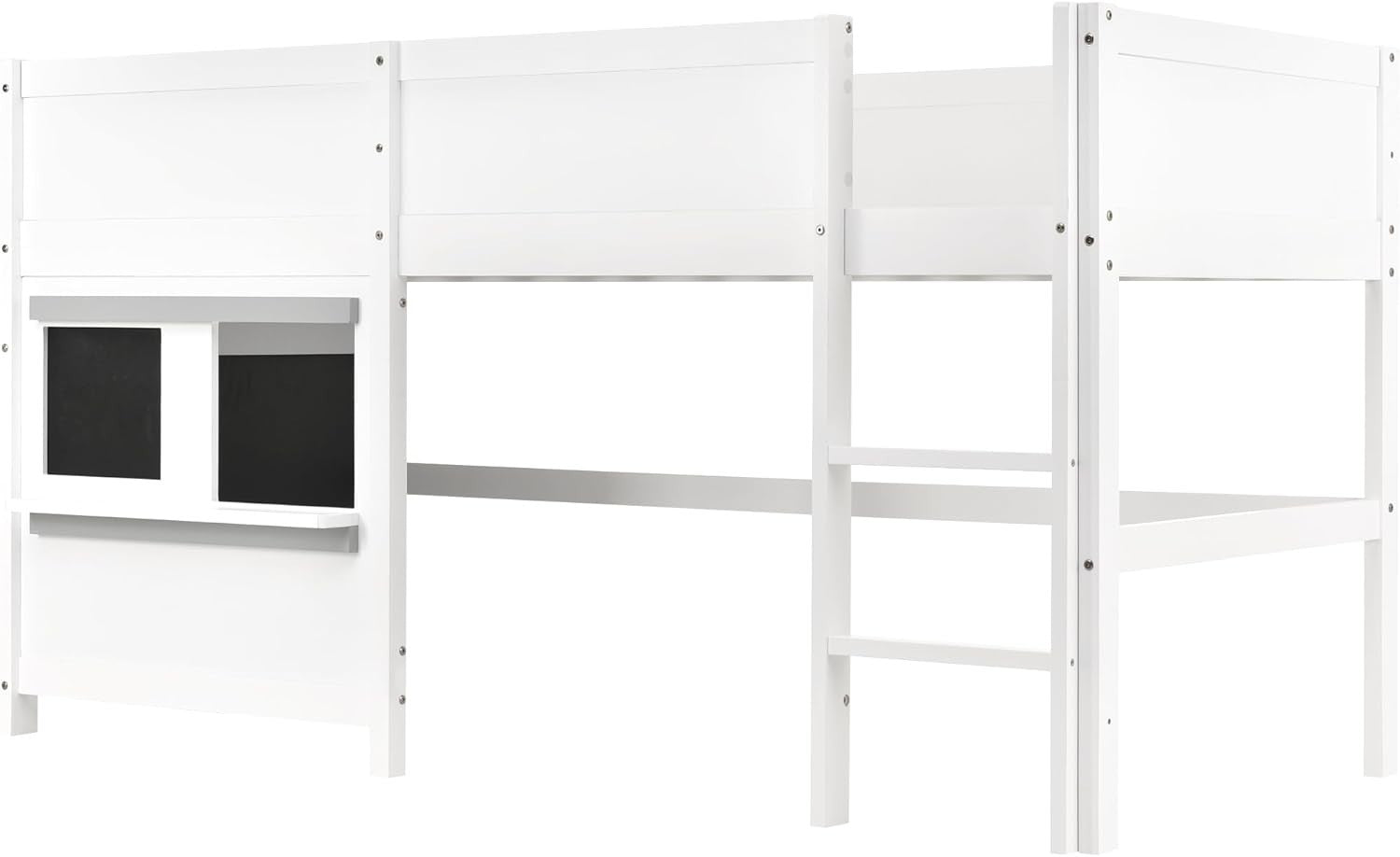 Space-Saving Kids Bunk Bed with Ladder, Blackboard & Shelf, White Pine Wood