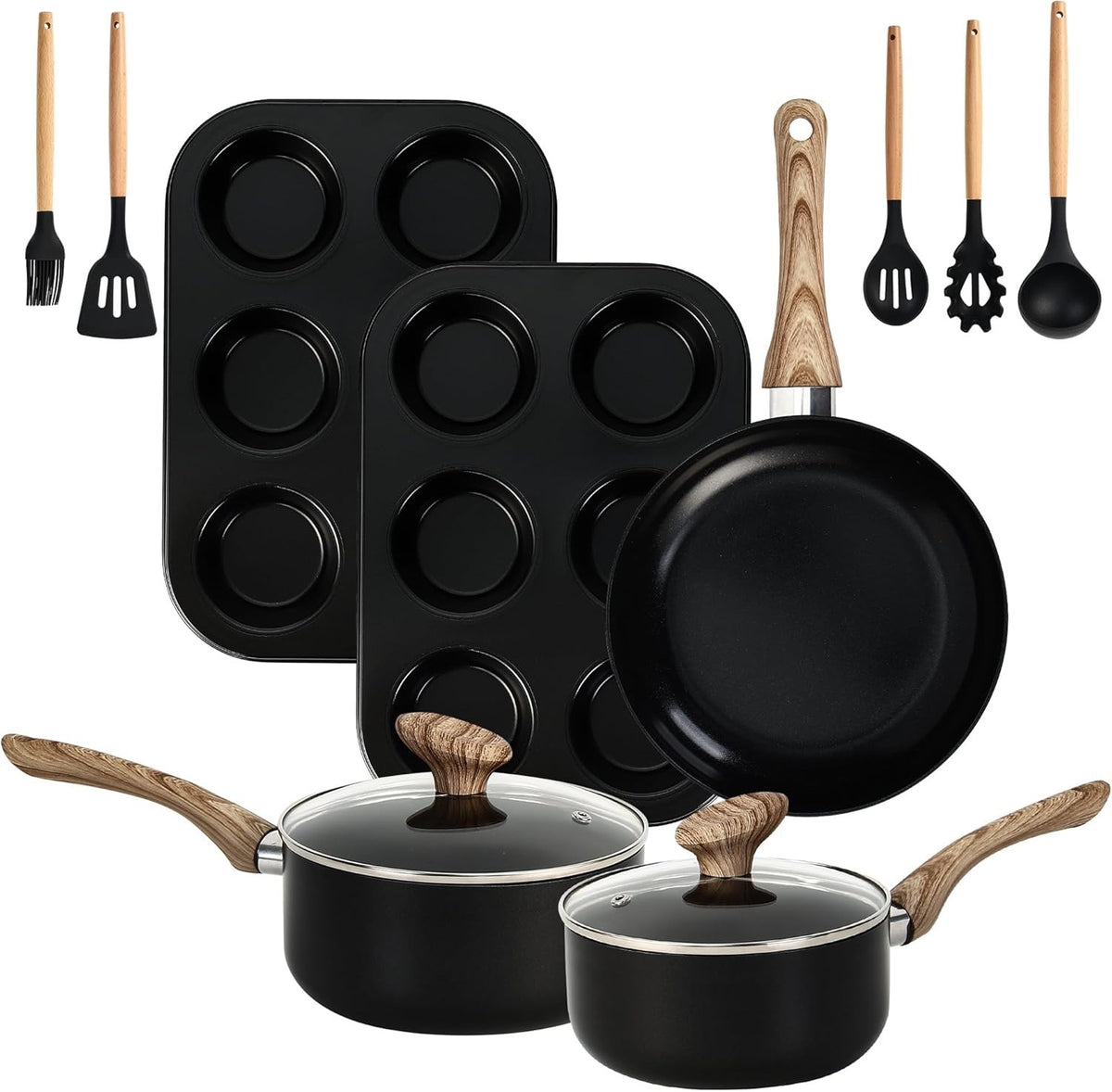 12pcs Non-Stick Cookware & Bakeware Set with Lids, Muffin Pans & Utensils