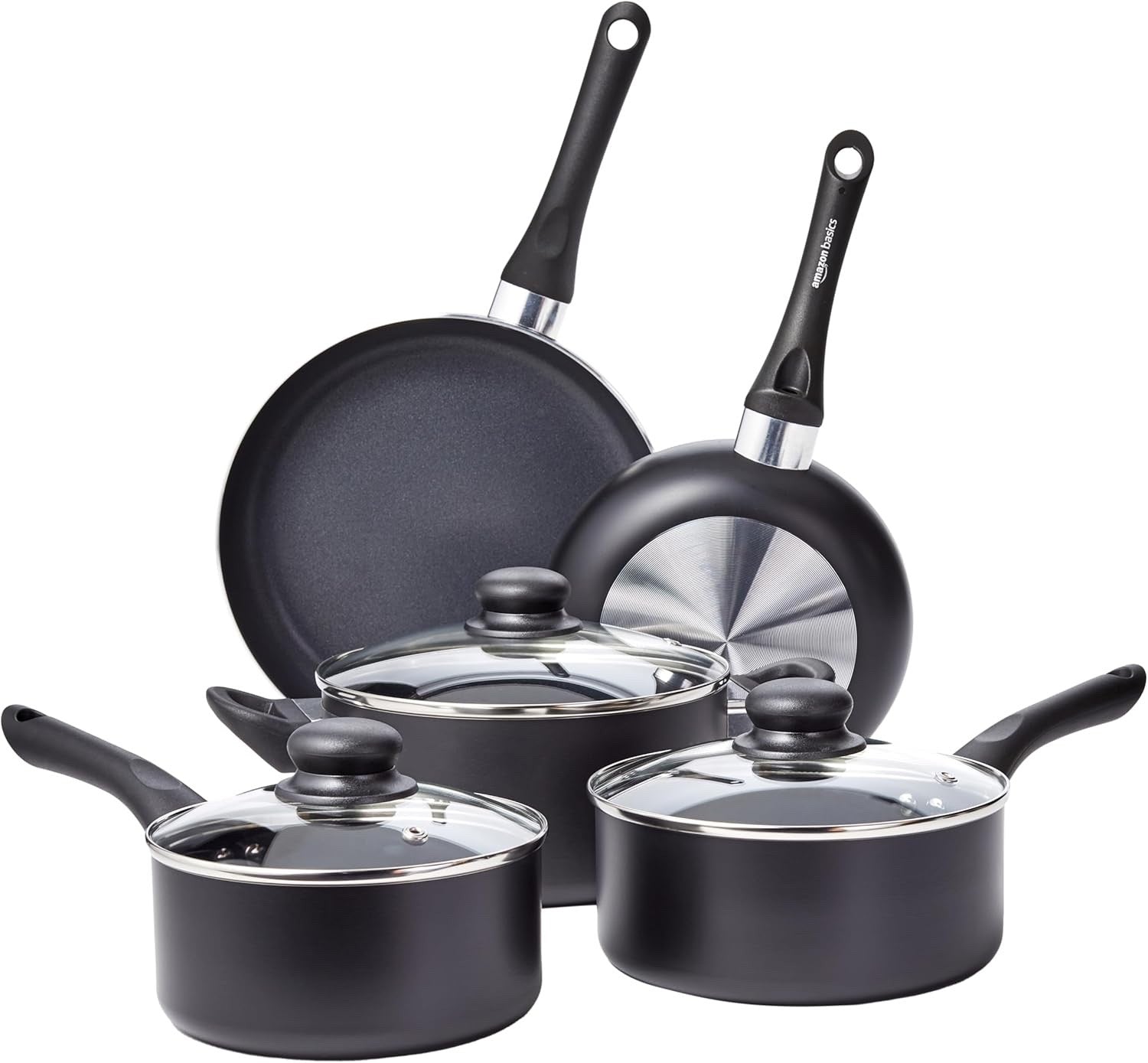 8pcs Non Stick Cookware Set – Frying Pans & Sauce Pans with Glass Lids Black