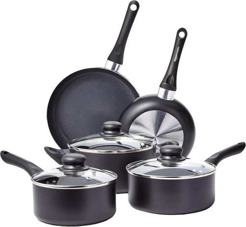 8pcs Non Stick Cookware Set – Frying Pans & Sauce Pans with Glass Lids Black