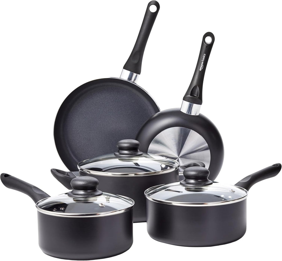 8pcs Non Stick Cookware Set – Frying Pans & Sauce Pans with Glass Lids Black
