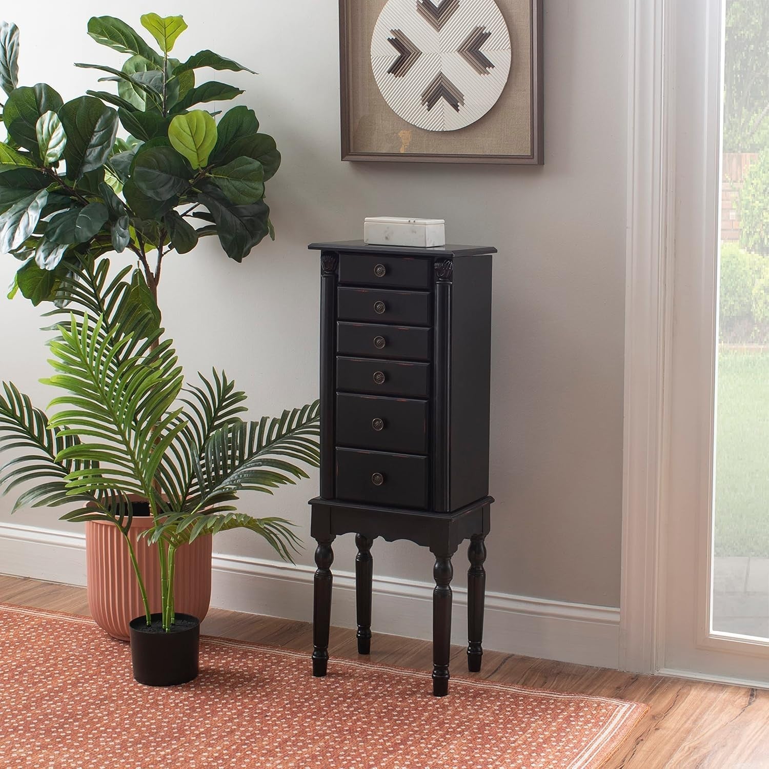 Distressed Ebony Black Jewellery Armoire with Mirror Side Doors Storage