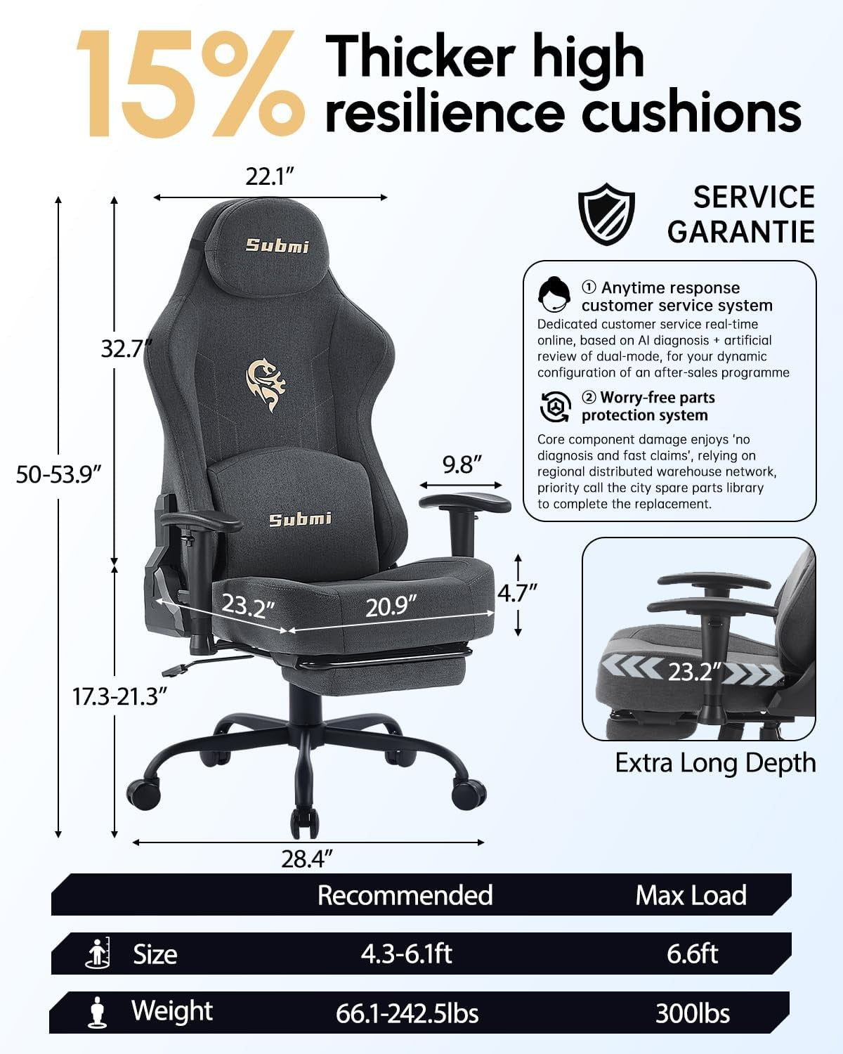 Gaming Chair 165° Recliner w/ Footrest Ergonomic Fabric 350lbs Grey