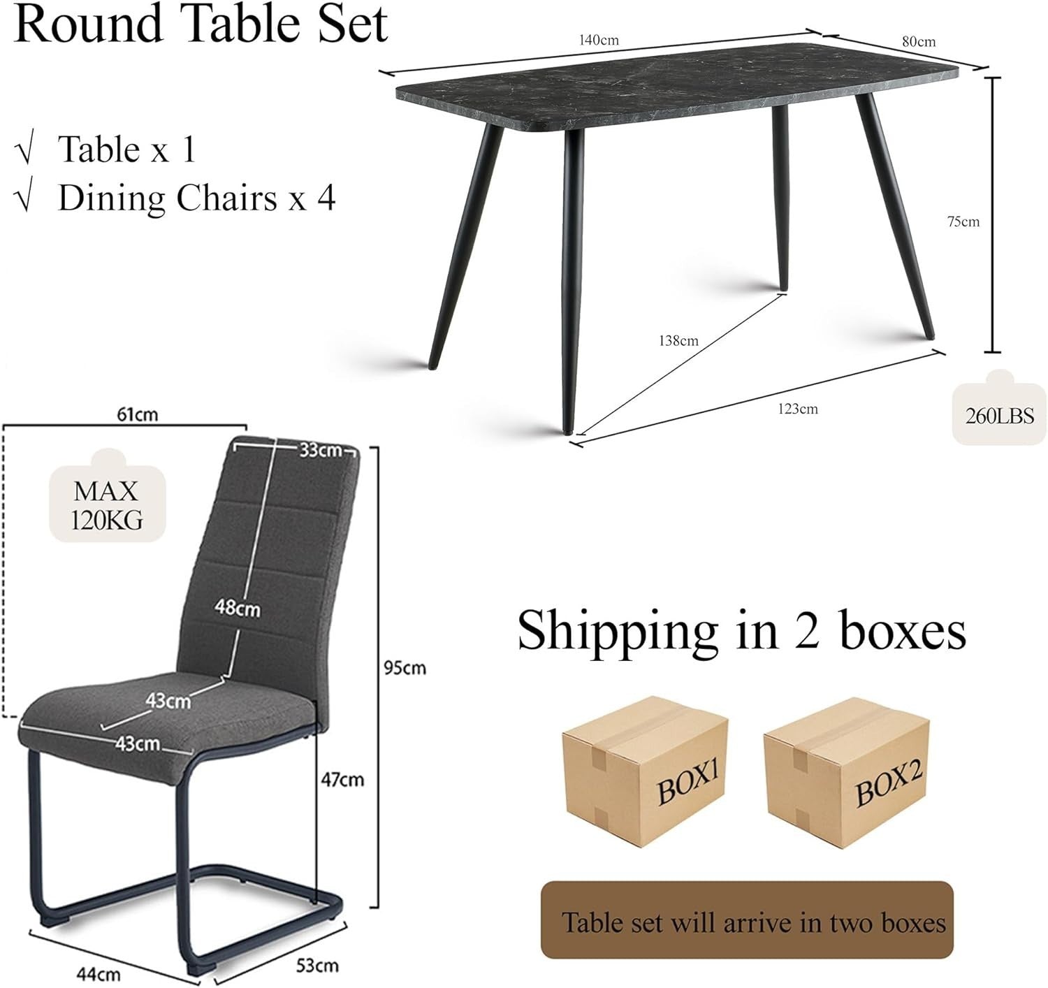 Modern 5-Piece Dining Table Set with 4 Chairs, Marble Effect, 140x80cm