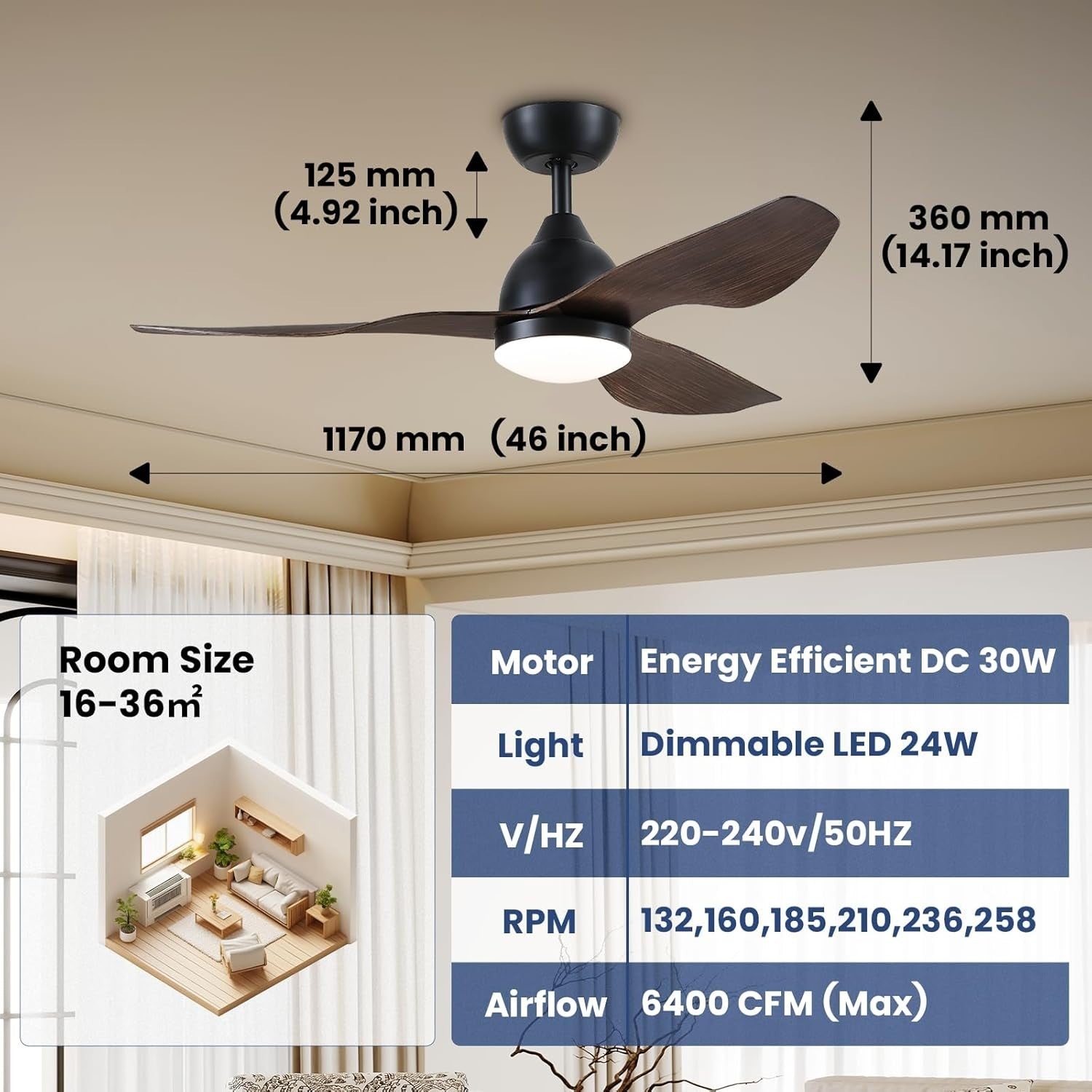 46" Black-Woody Ceiling Fan with Light, 6 Speeds, Remote & Timer, Quiet