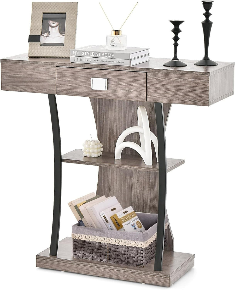 Slim Grey Console Table with Drawer & Shelves – Narrow Entryway Storage