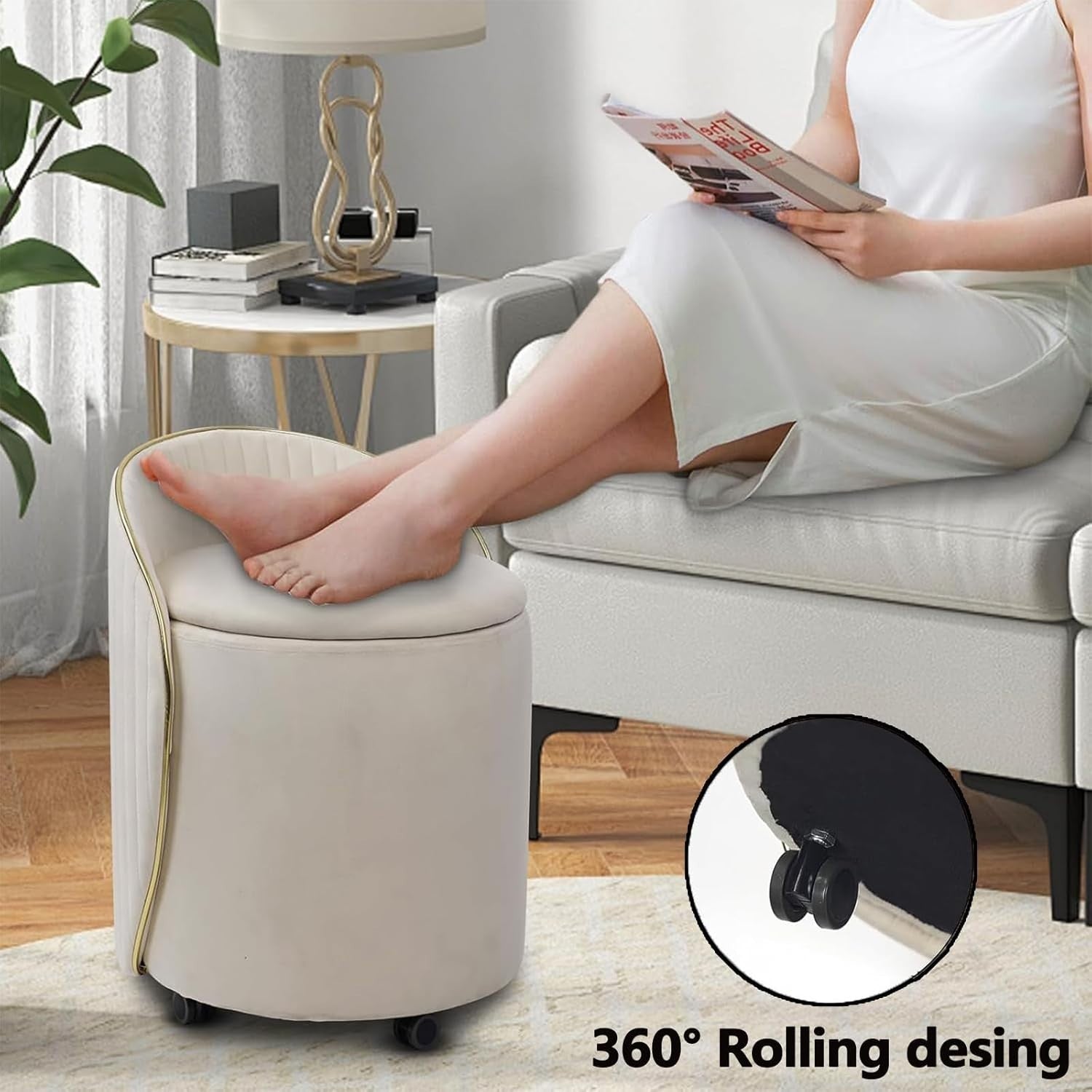 Beige Velvet Round Storage Ottoman Swivel Stool with Backrest & Wheels