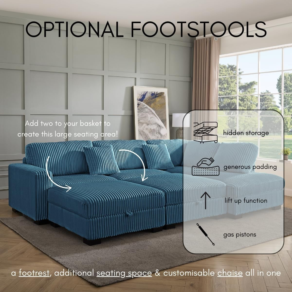 L-Shape Large Corner Sofa 5 Seater Blue Teddy Jumbo Cord Right Hand Facing