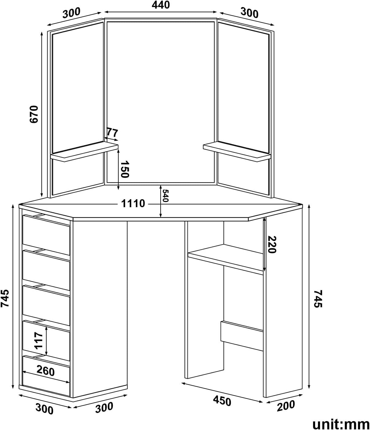 Corner Makeup Vanity Table Desk Black 5 Drawer 3-Angle Mirror Small Space
