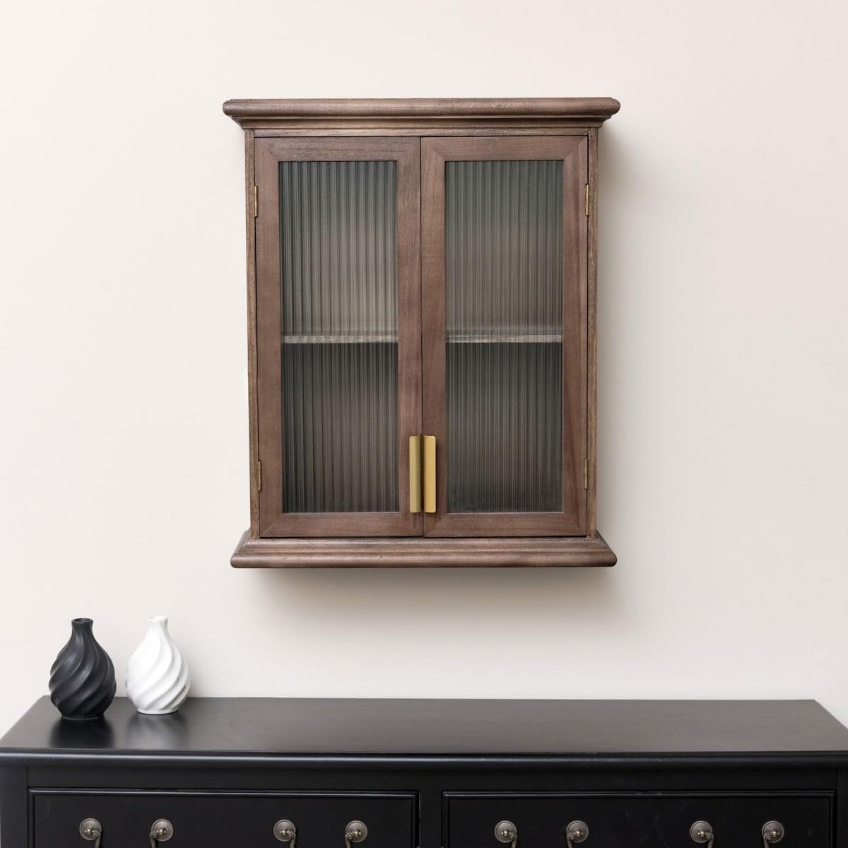 Rustic Wooden Glass Wall Cabinet with Reeded Doors & Gold Handles - 50x61x19cm