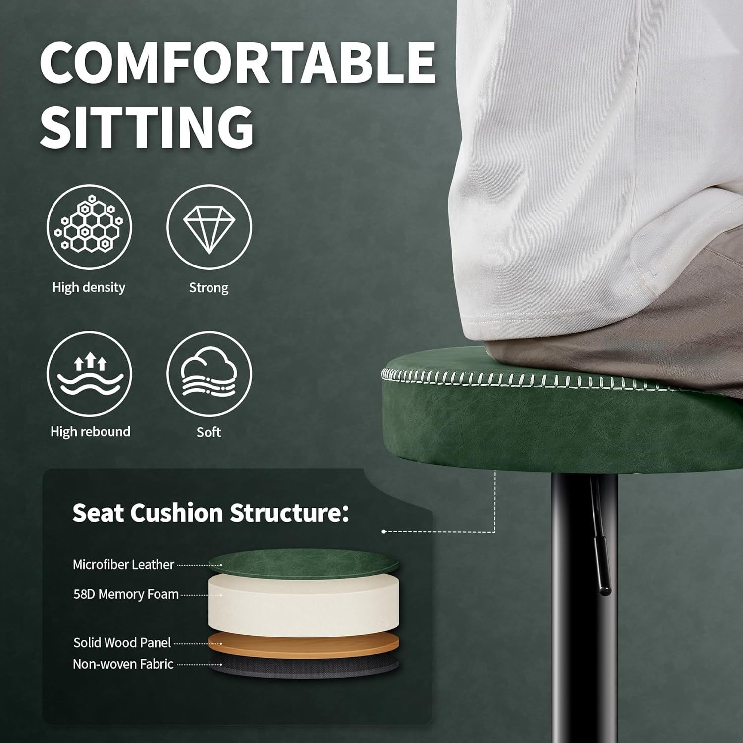 Adjustable Swivel Bar Stools Set of 2 Green Faux Leather 36x36x85.5cm
