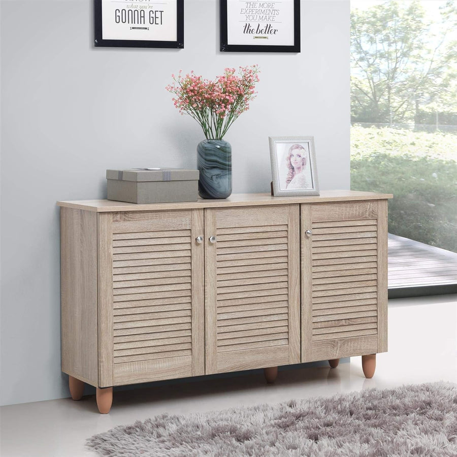 Modern 3-Door Shoe Storage Cabinet with Spacious Adjustable Shelves, Oak