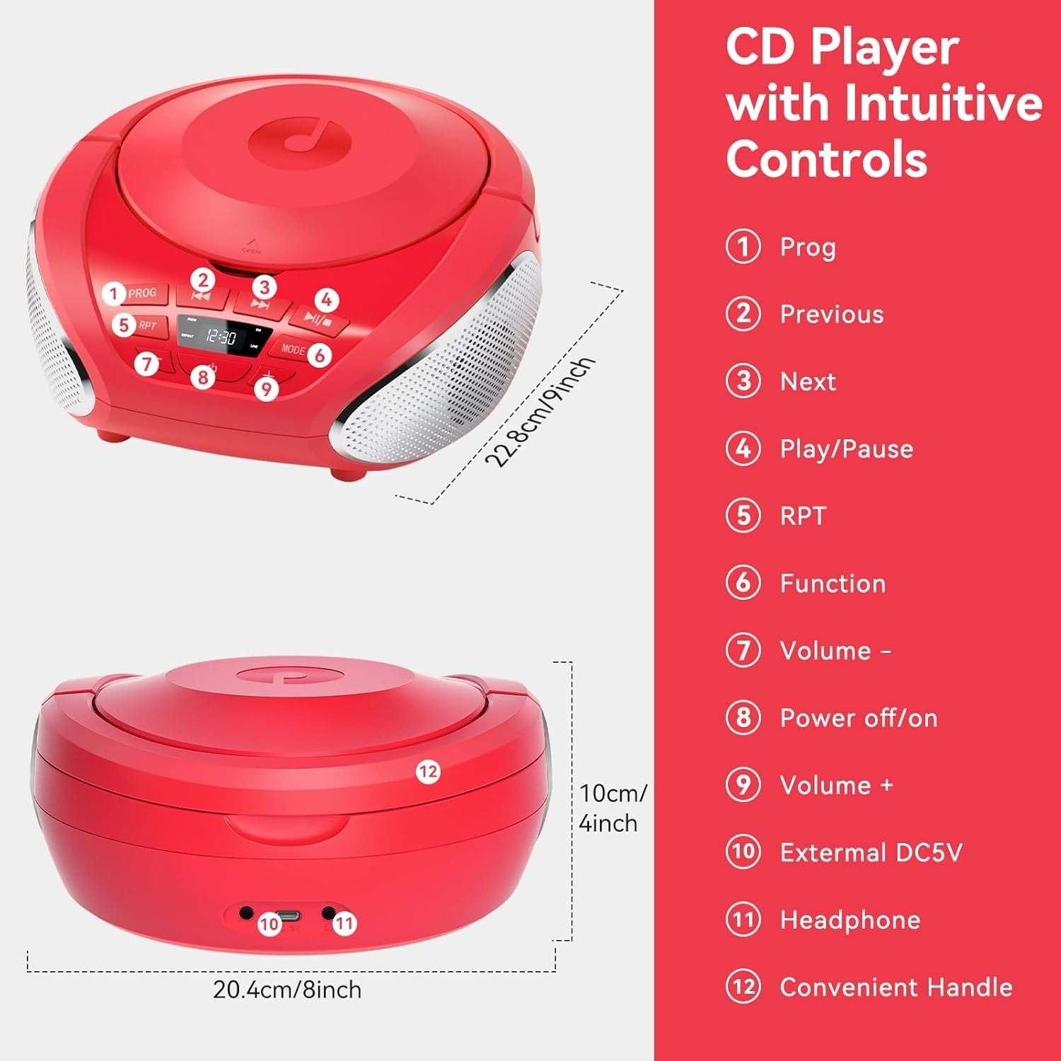 Portable CD Player Boombox Speakers FM Radio AUX Headphone Jack Red