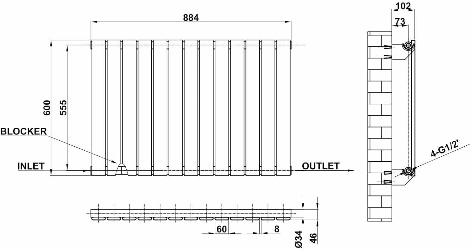 White Horizontal Designer Radiator 600x884mm Modern Flat Panel Central Heating