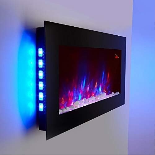 Wall Mounted Electric Fireplace 90cm Black Glass LED Flame Log & Pebble Effect
