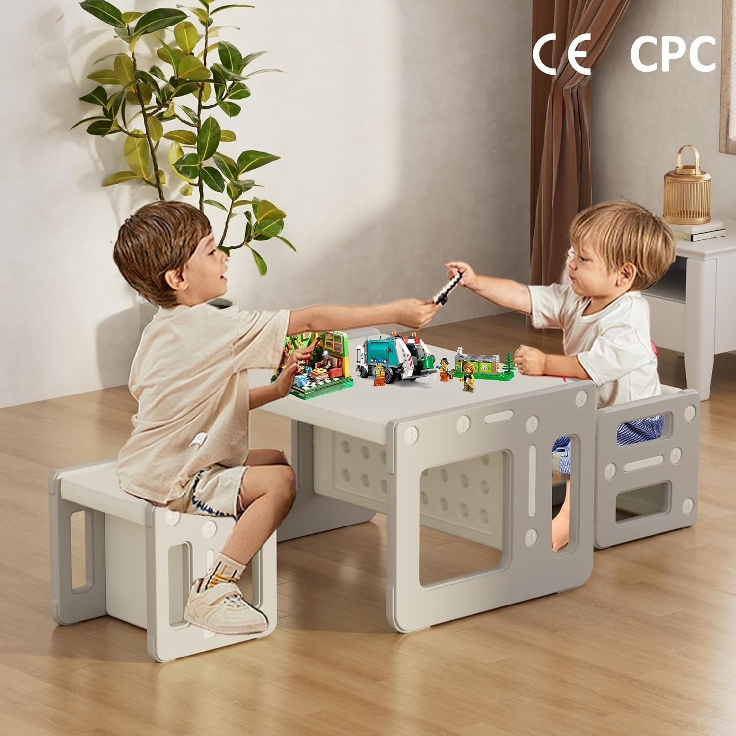 Montessori Kids Table & 2 Chairs Set, Grey Plastic Activity Desk & Stools