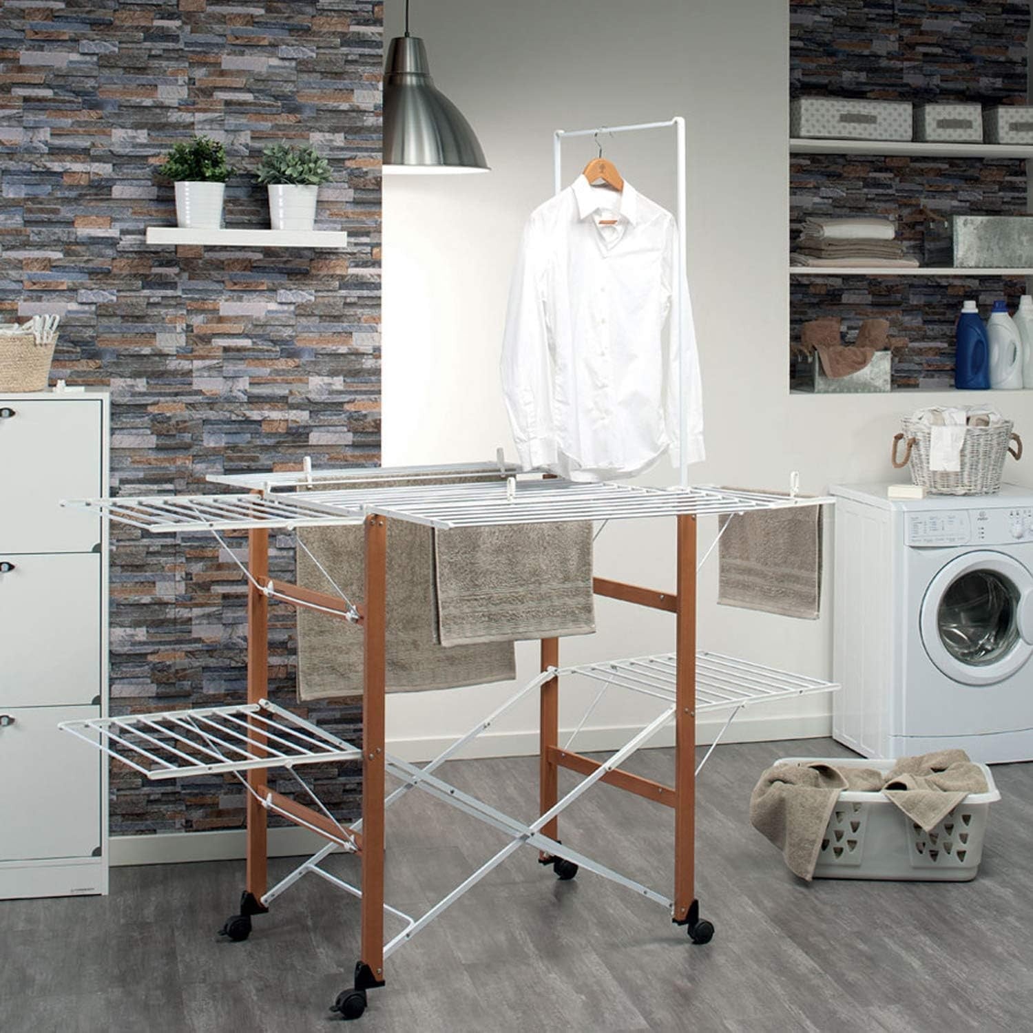 Large Solid Wood Clothes Airer 3 Tier Folding Drying Rack With Wheels