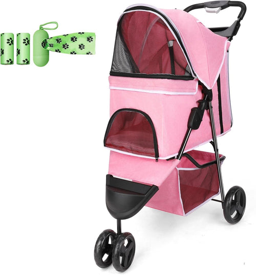 Pink Folding Pet Stroller Dog Cat Pushchair Storage Basket Easy Fold Wheels
