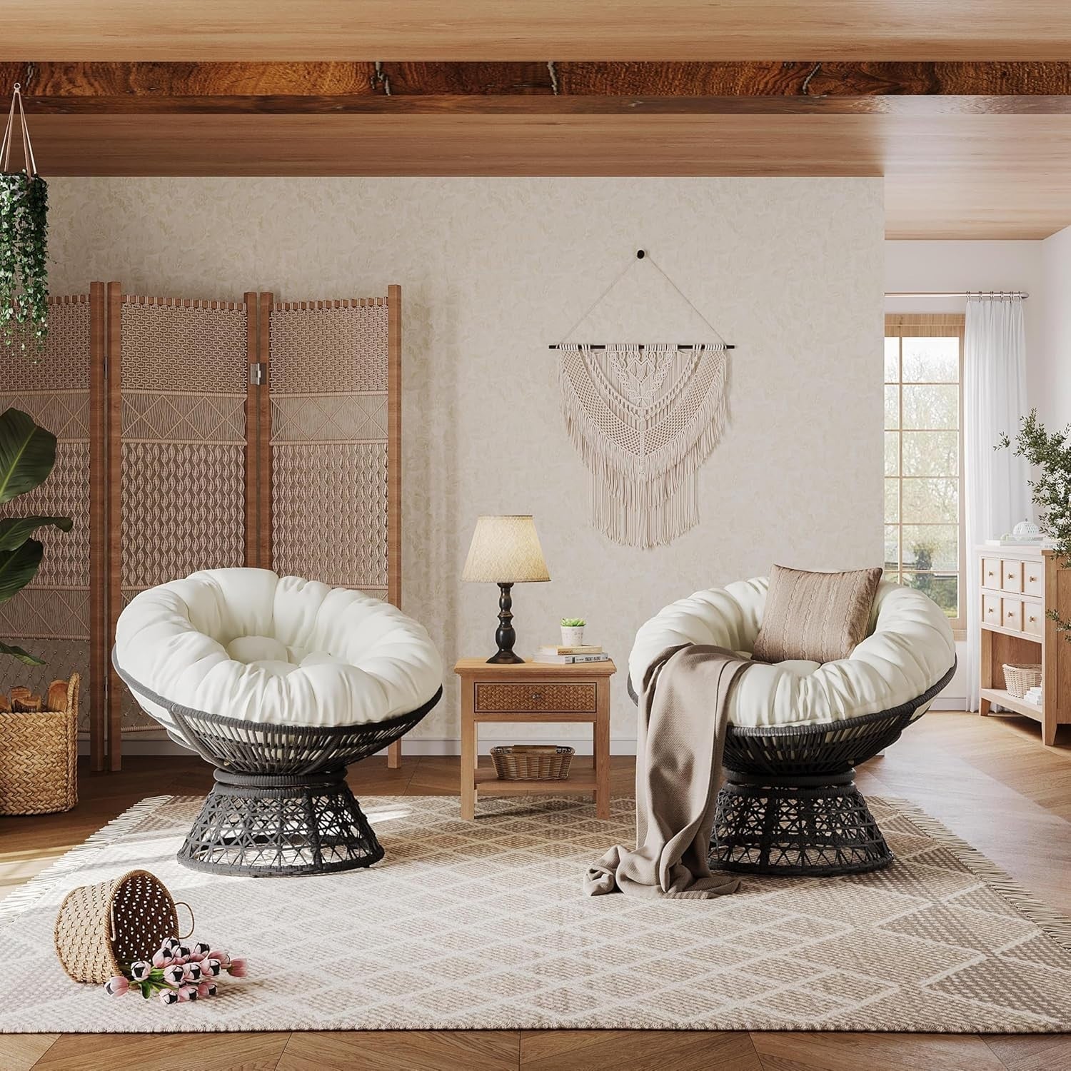 Beige Papasan Moon Chair Oversized Round Swivel Lounge Chair with Plush Cushion