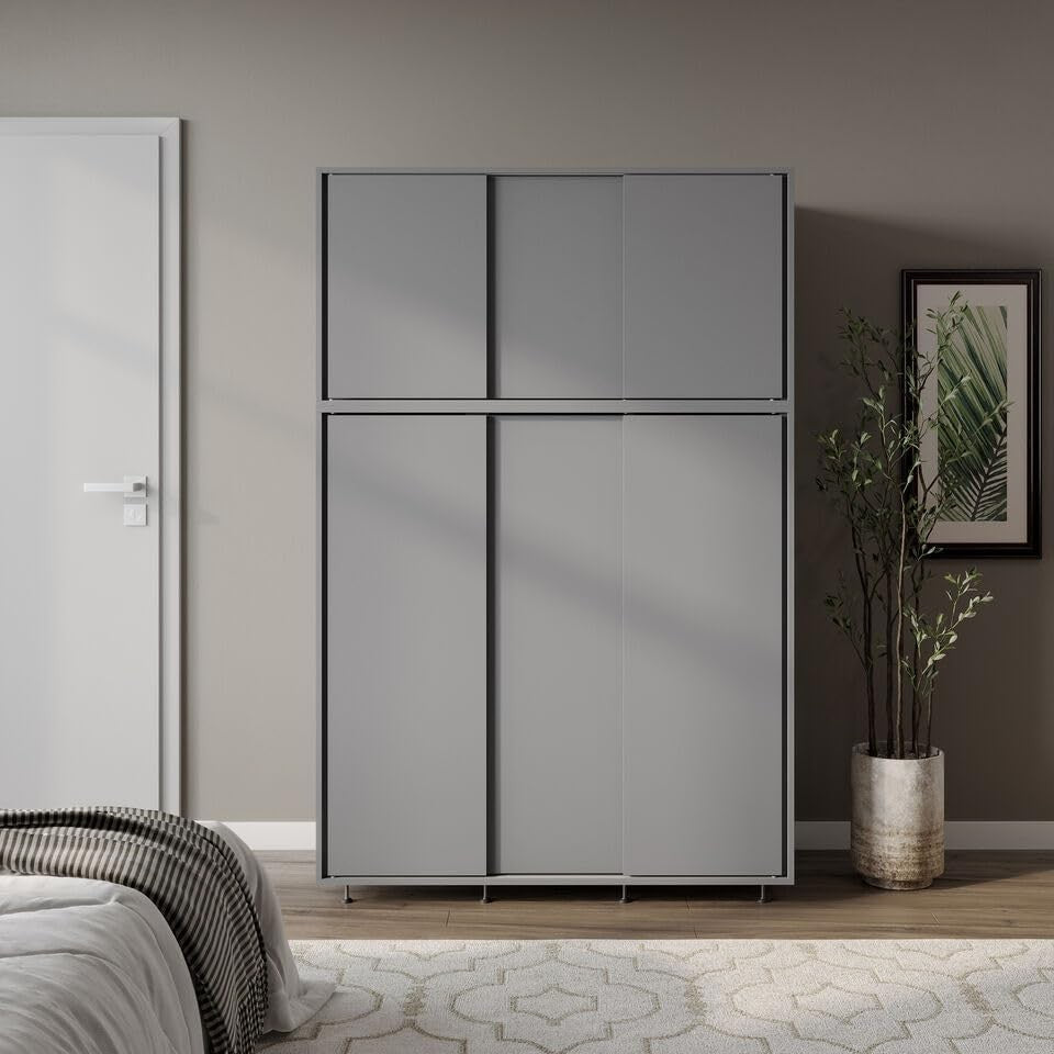 6-Door Grey Sliding Wardrobe with Adjustable Feet & Modern Bedroom Storage