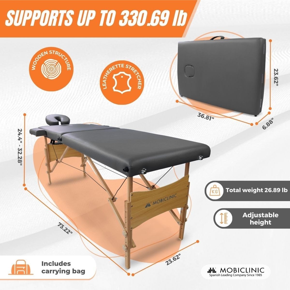 Portable Wooden Massage Table Foldable Adjustable Physiotherapy Bed Black